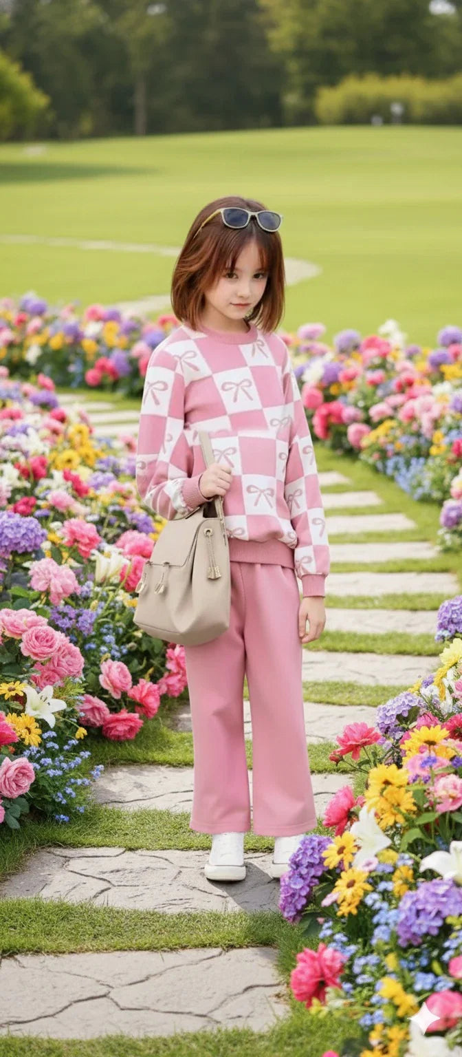 A young girl stands on a stone path in a flower garden wearing a pink and white checkered long-sleeve top, matching pink wide-leg pants, white sneakers, and carrying a beige handbag.