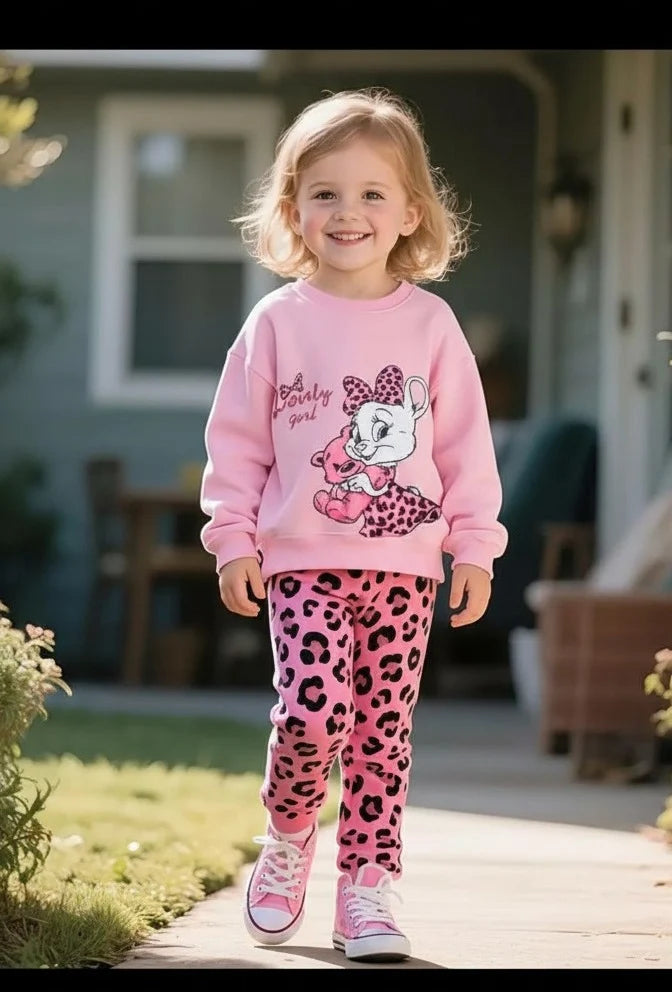 A young girl smiling while walking outdoors on a porch path, wearing a pink crewneck sweatshirt with a cartoon bunny graphic and pink leopard-print leggings.