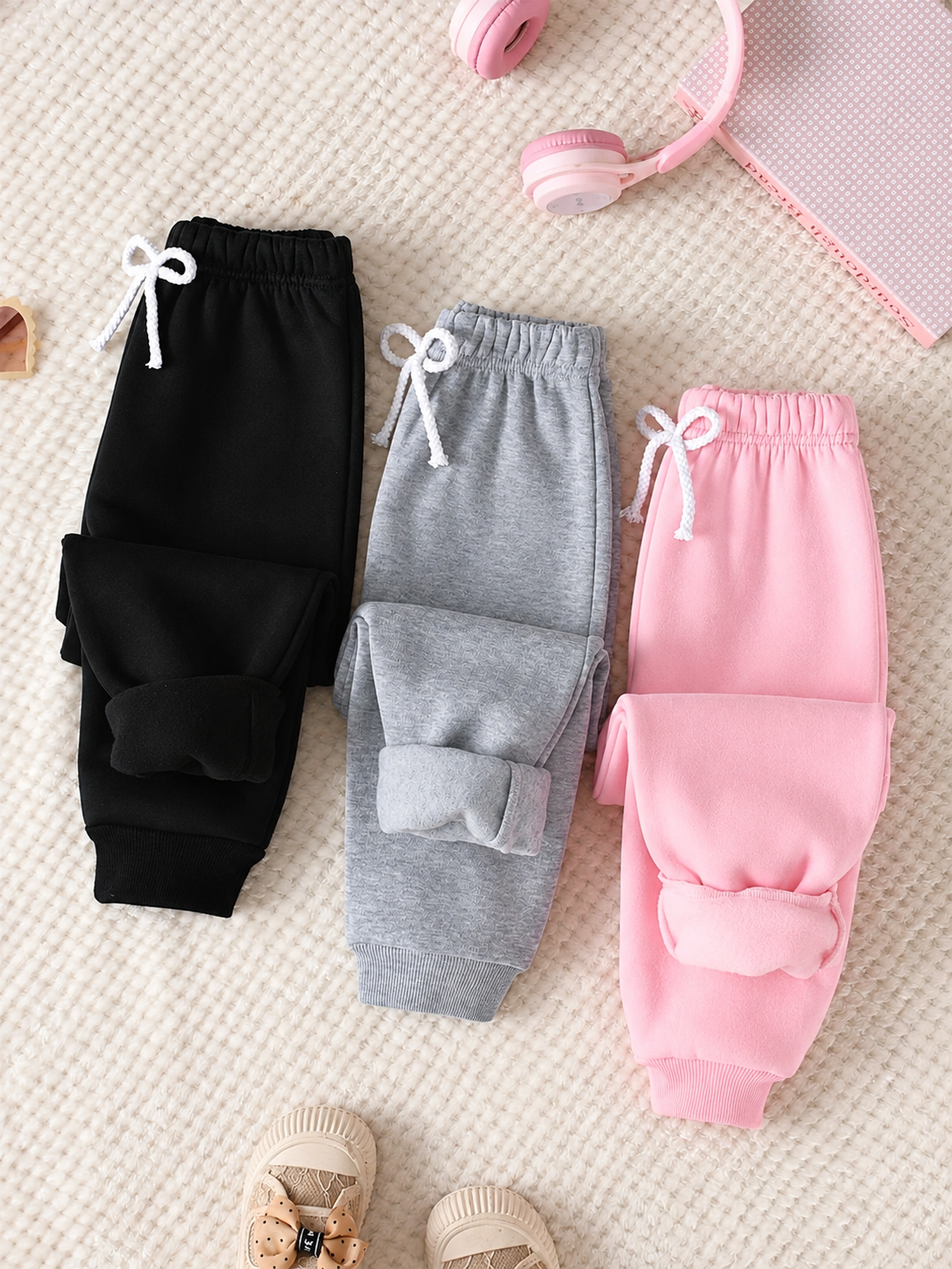 Three pairs of children's jogger sweatpants laid flat on a textured cream surface: one black, one heather gray, and one light pink. Each pair has white drawstrings and elastic cuffs.