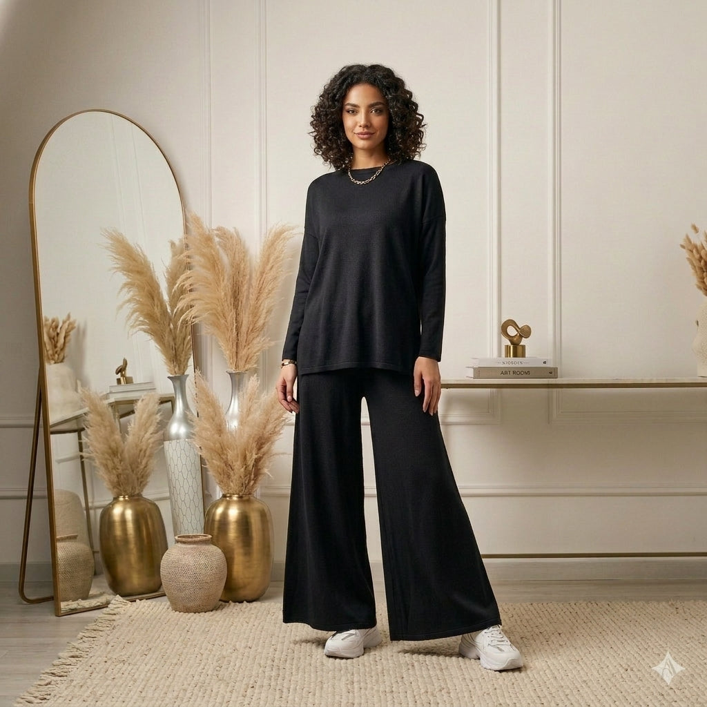 A woman stands in a styled interior wearing a black long-sleeve top and matching wide-leg pants with white sneakers. The room has cream walls, a floor mirror, and decorative vases with pampas grass.
