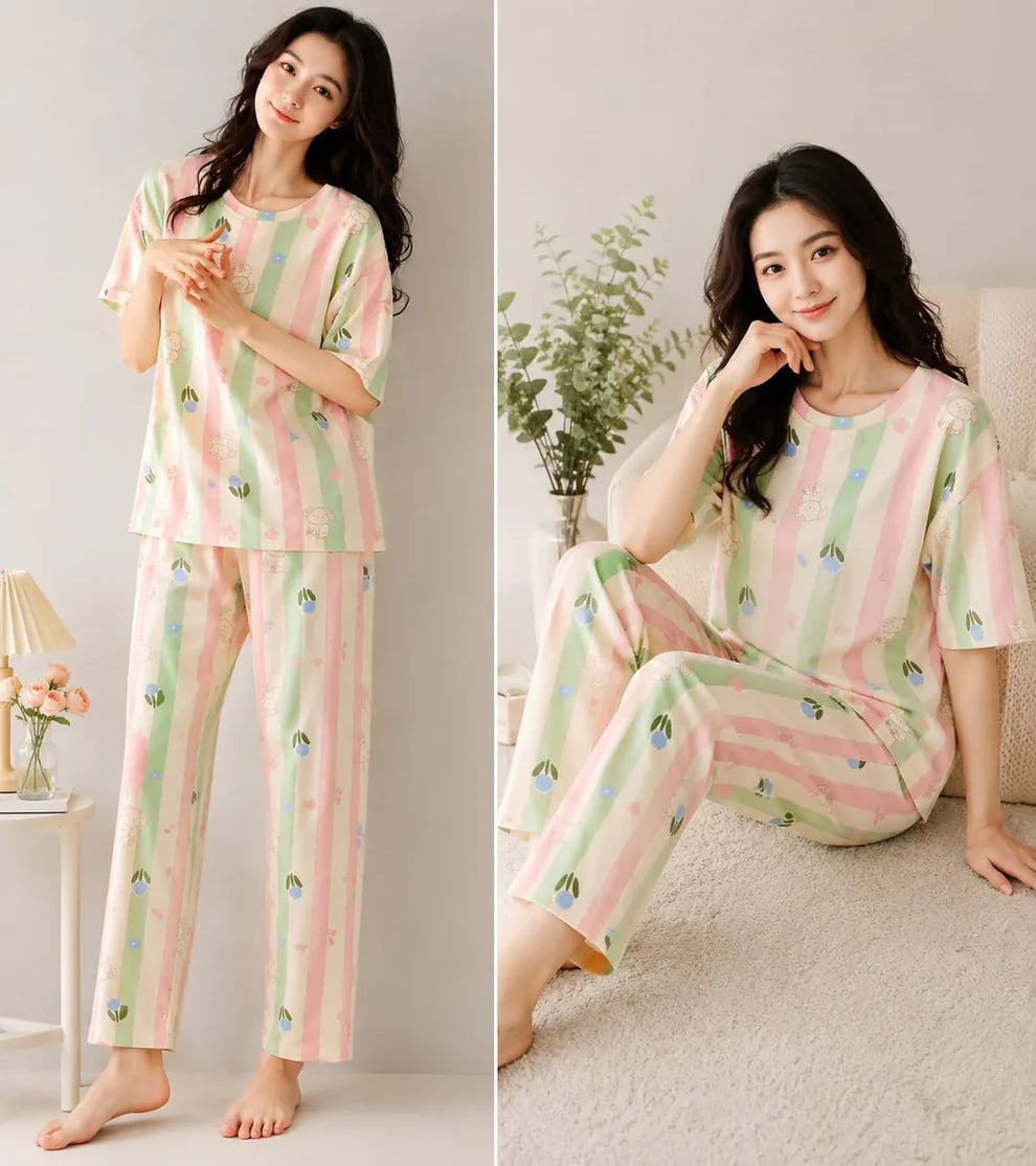 A woman modeling a two-piece pajama set in a split-screen lifestyle photo. The pajama set features pastel vertical stripes in pink, mint green, and cream, with small blue and yellow floral motifs.