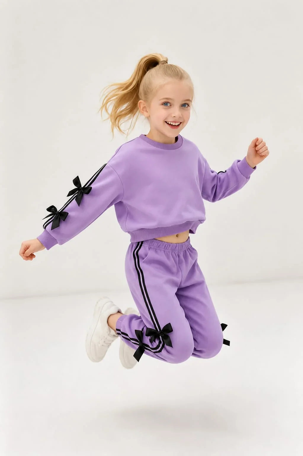 A young girl with blonde hair in a ponytail is captured mid-jump wearing a matching lavender purple tracksuit with black ribbon accents on the sleeves and legs, set against a clean white studio background.