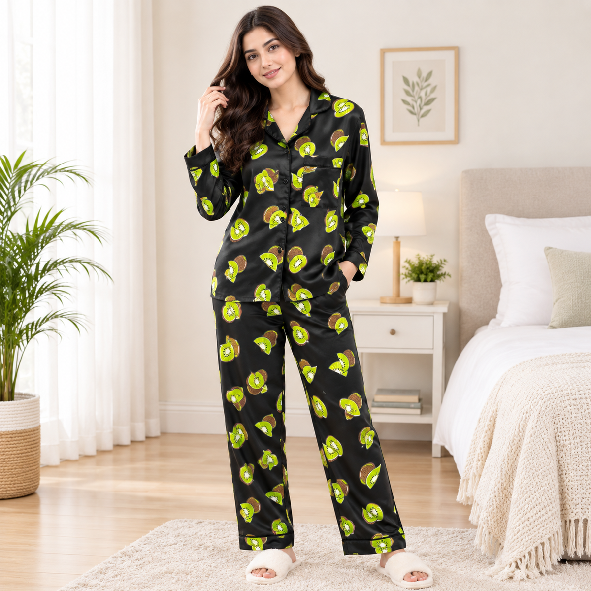Silk-Touch Kiwi Fruit Print Pajama Set – Black