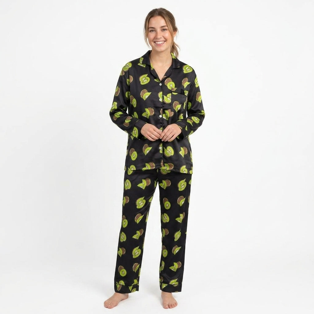 Silk-Touch Kiwi Fruit Print Pajama Set – Black