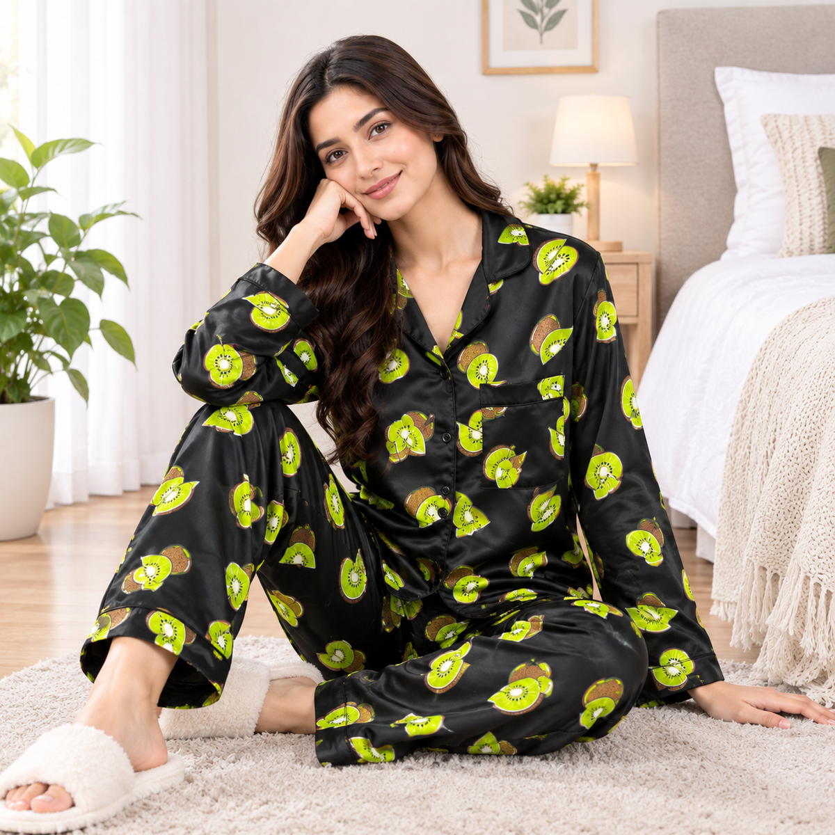 Silk-Touch Kiwi Fruit Print Pajama Set – Black