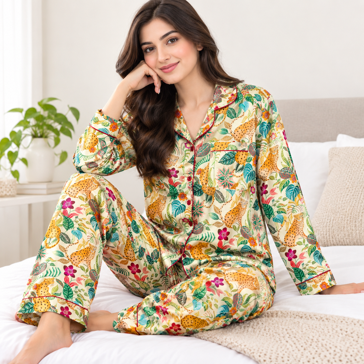Silk-Touch Safari Print Pajama Set – Cream Multi