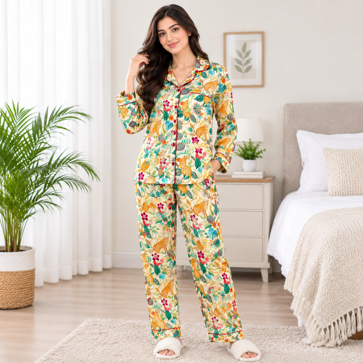 Silk-Touch Safari Print Pajama Set – Cream Multi