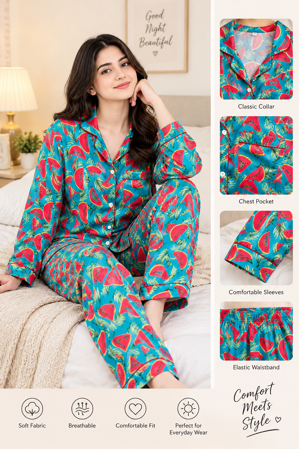 A woman wearing a colorful pajama set with a watermelon print sits on a bed in a bedroom setting. The pajamas feature a bright turquoise background with red watermelon slices, green rinds, and pink seeds.
