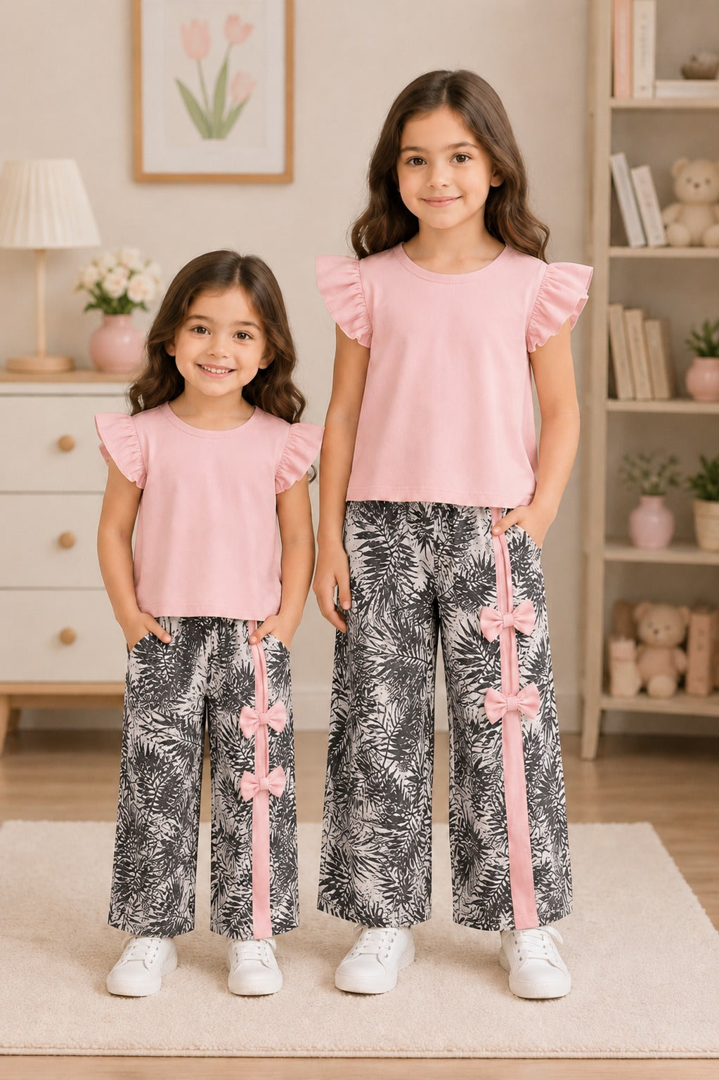 Two young girls wearing matching outfits with pink tops and black and white patterned pants, standing in a room with a shelf and lamp in the background.