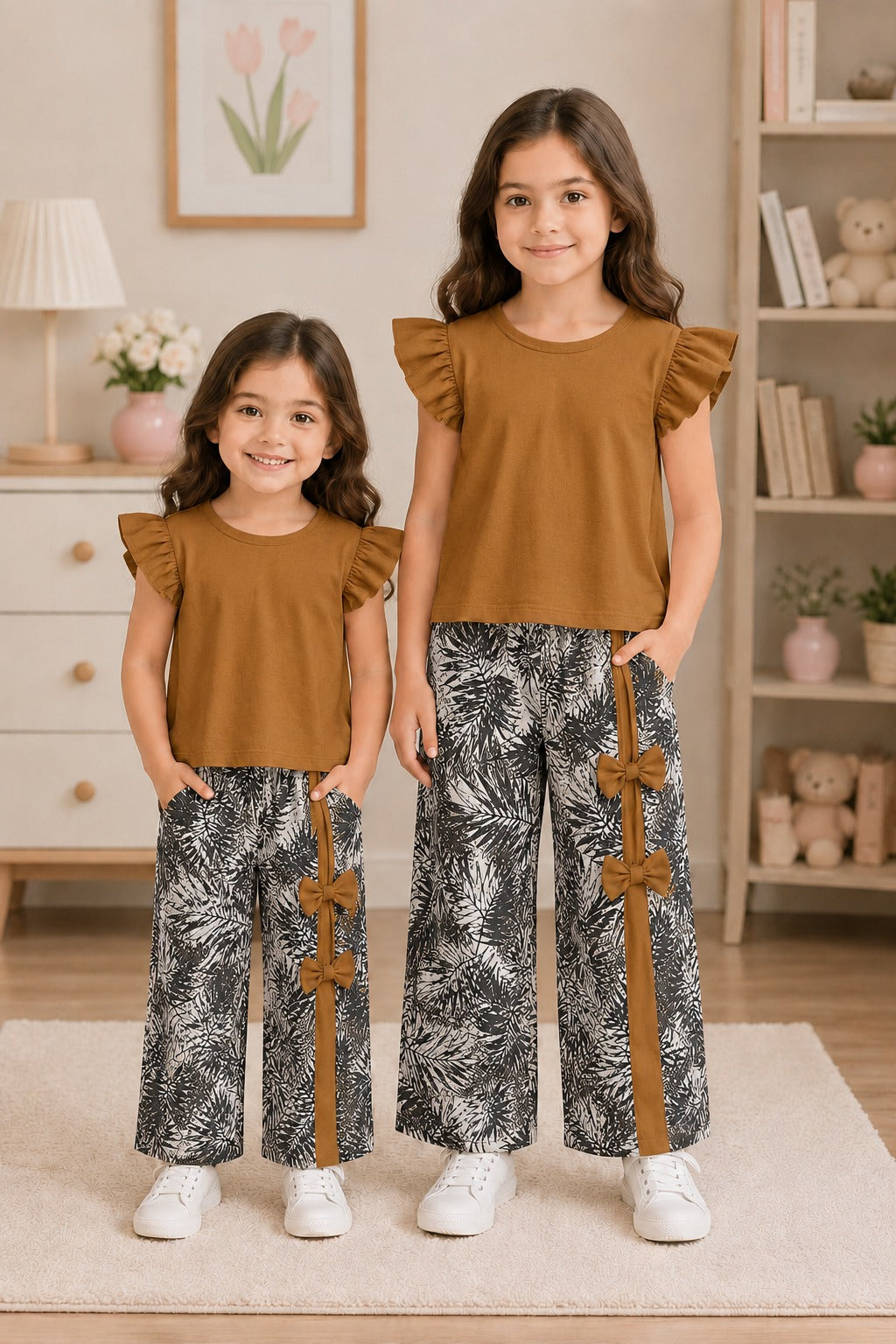 Two young girls wearing matching outfits with ruffled tops and patterned pants in a room.