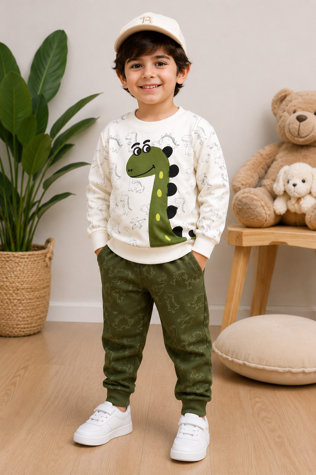 A young boy stands in a child-friendly room wearing a white long-sleeve sweatshirt with a green dinosaur graphic, olive green jogger pants, white sneakers, and a cream baseball cap.