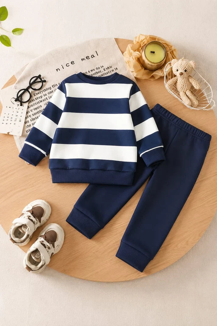 Baby Winter Fleece Striped Teddy Bear Tracksuit Set – Navy & White (R-6)