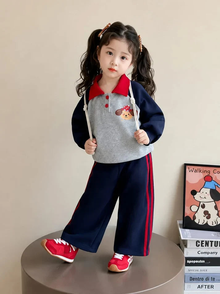 Girls Winter Fleece Cute Puppy Polo Tracksuit Set – Navy & Grey (R-11)