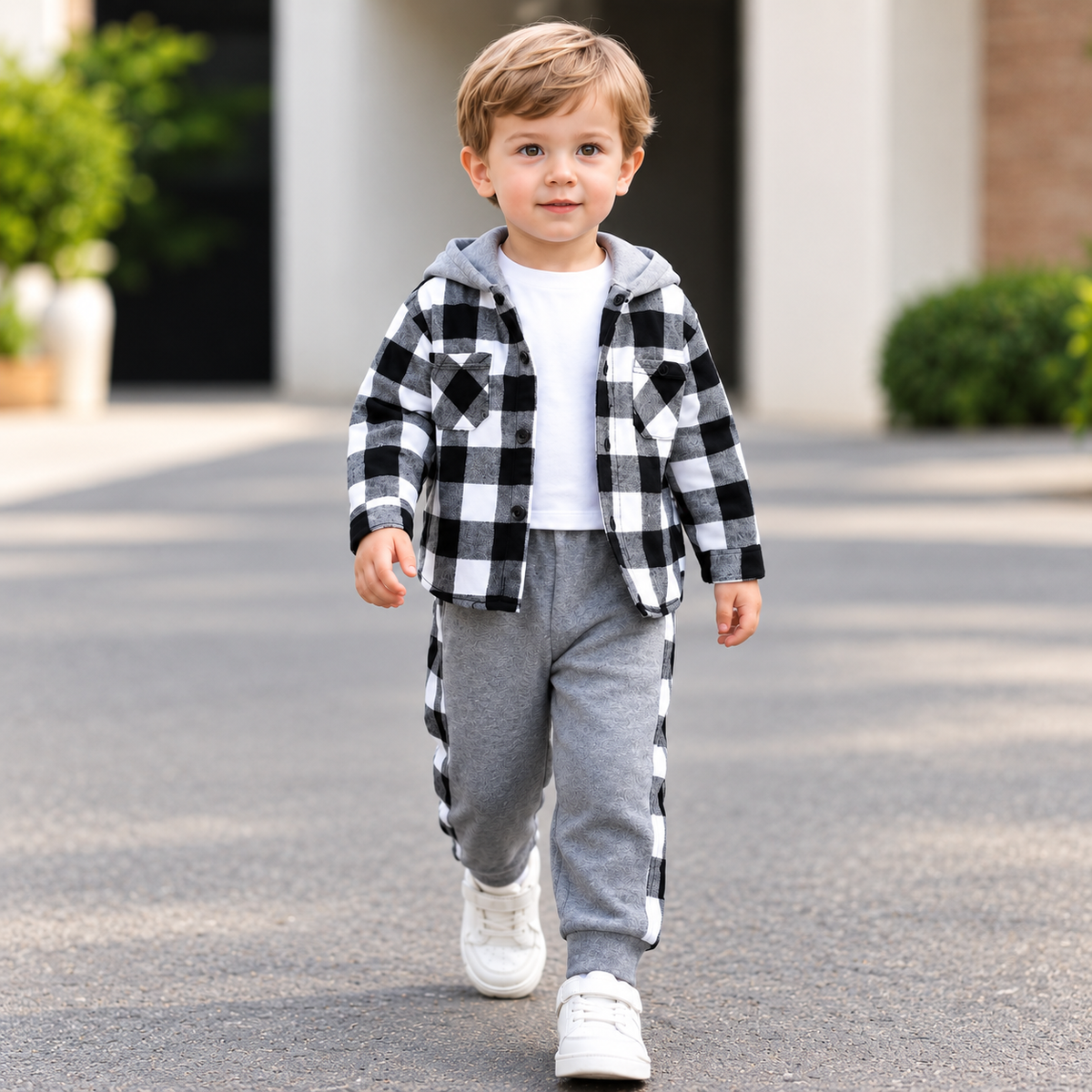 Toddler Plaid Hooded Tracksuit Set – Black & White (R-2)