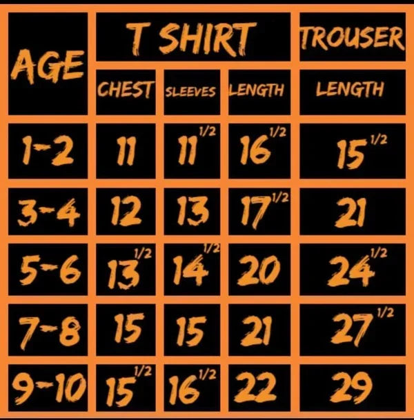 A size chart grid for children's T-shirt and trouser sizing, with age ranges from 1-2 to 9-10 across the top and chest, sleeves, length, and trouser length measurements in white text on a black background with orange grid lines.