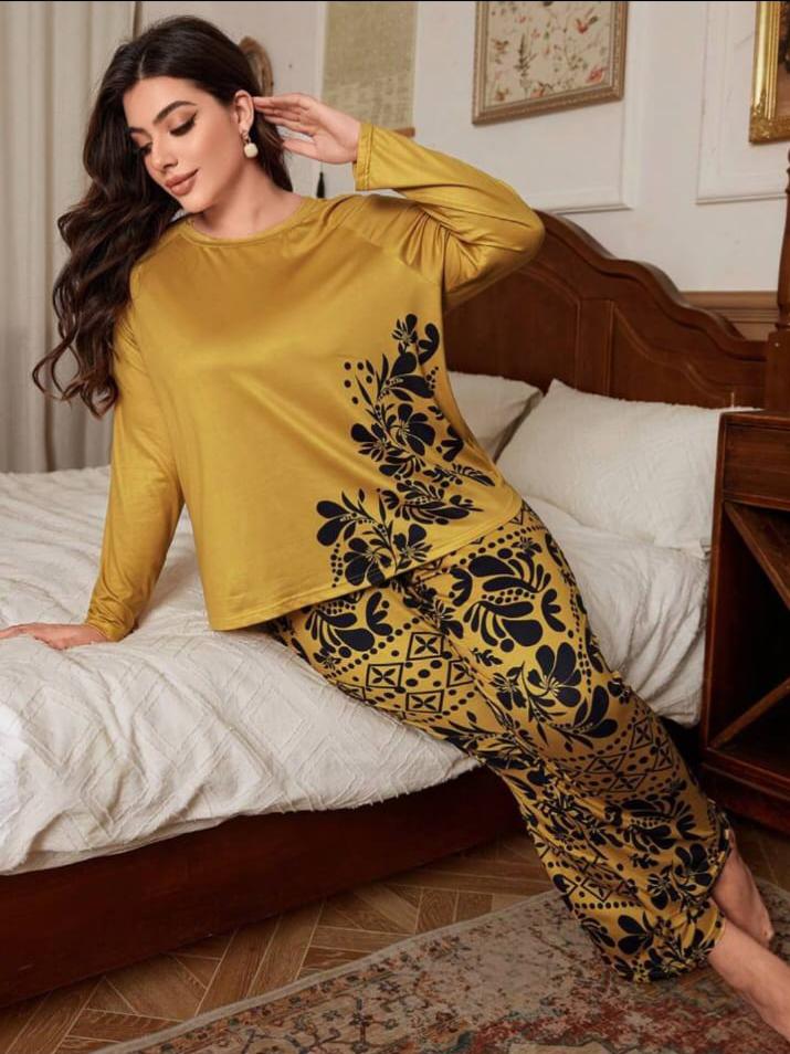 Yellow Floral Print Full Sleeves with floral Printed pajama