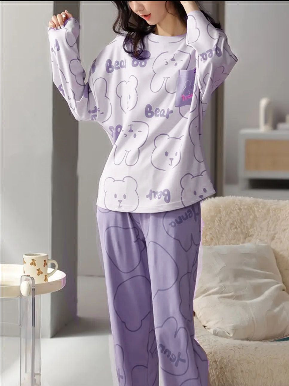 White Bear with Lilac Printed Pj
