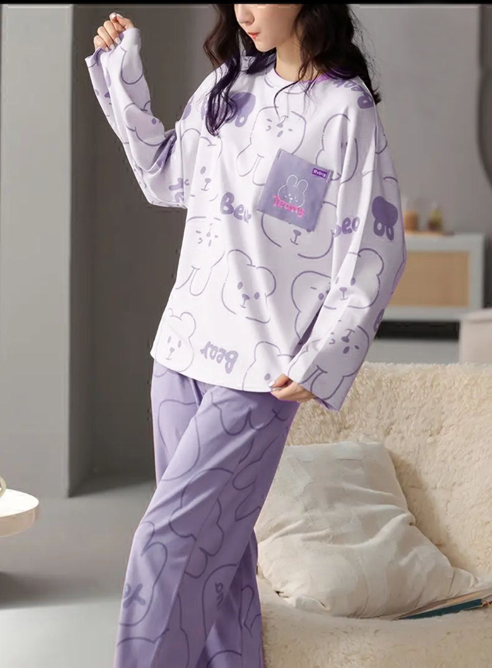 White Bear with Lilac Printed Pj