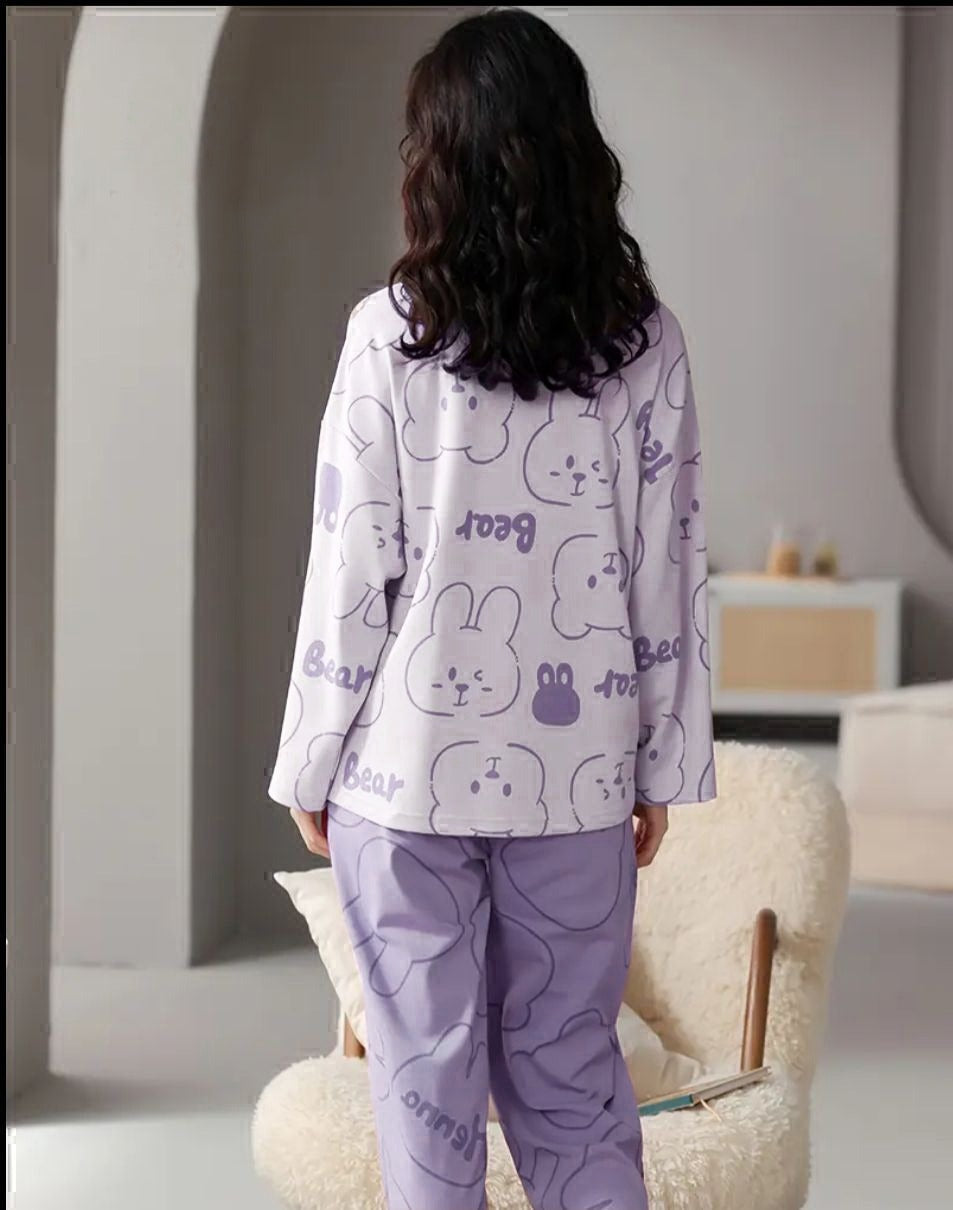 White Bear with Lilac Printed Pj