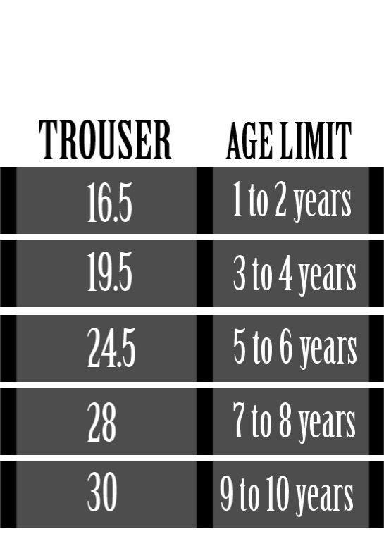 A size and age chart table for children's trousers, showing waist measurements in centimeters and the corresponding age limits from 1 to 10 years.