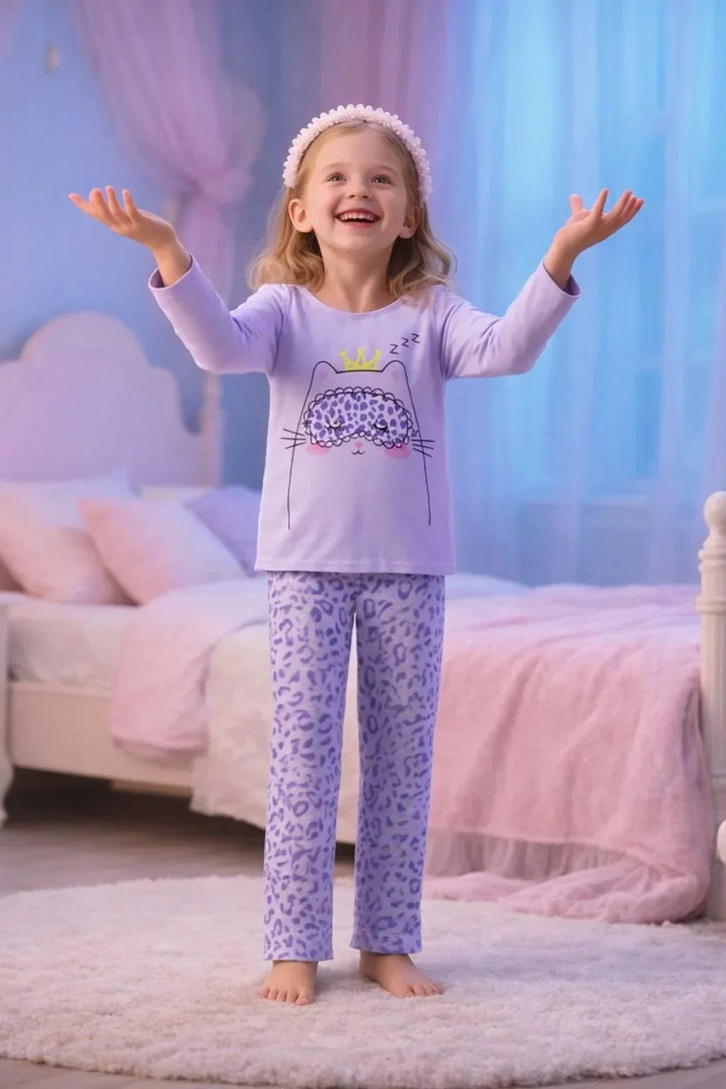Lilac Sleeping Cat Printed T-shirt With Cheetah Print