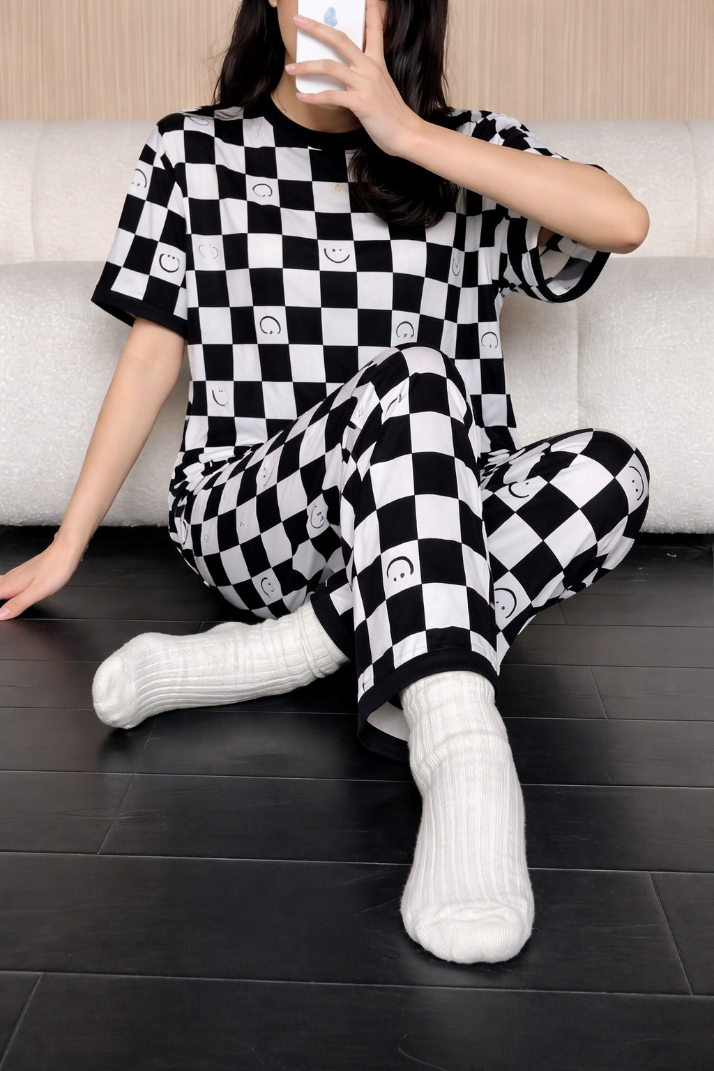 Black and White Check Smile Printed Half Sleeves Night Suit