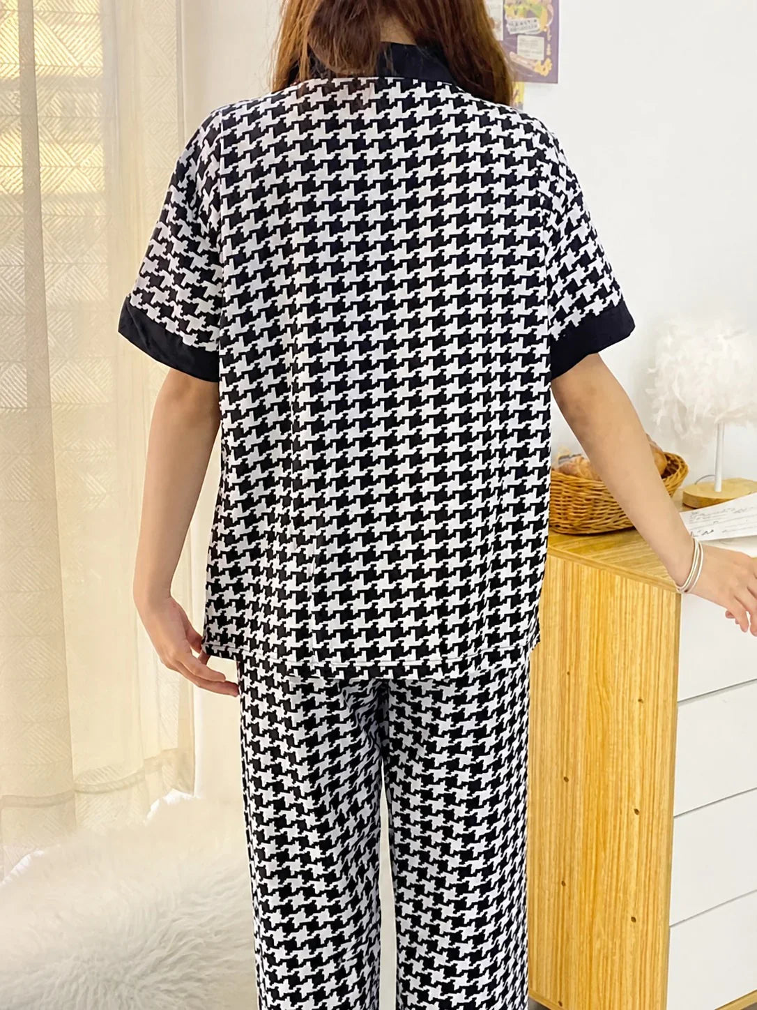 Black And White Small Check Printed Half Sleeves Button Style Night Suit For Her