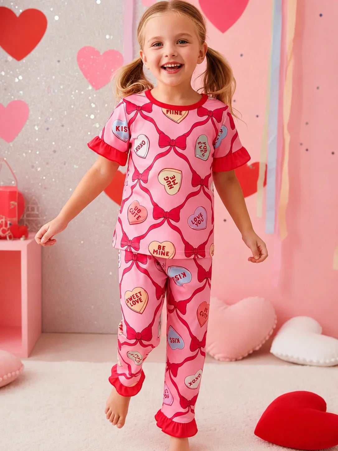 Pink With Red Bow And Hearts Printed Kid Suit
