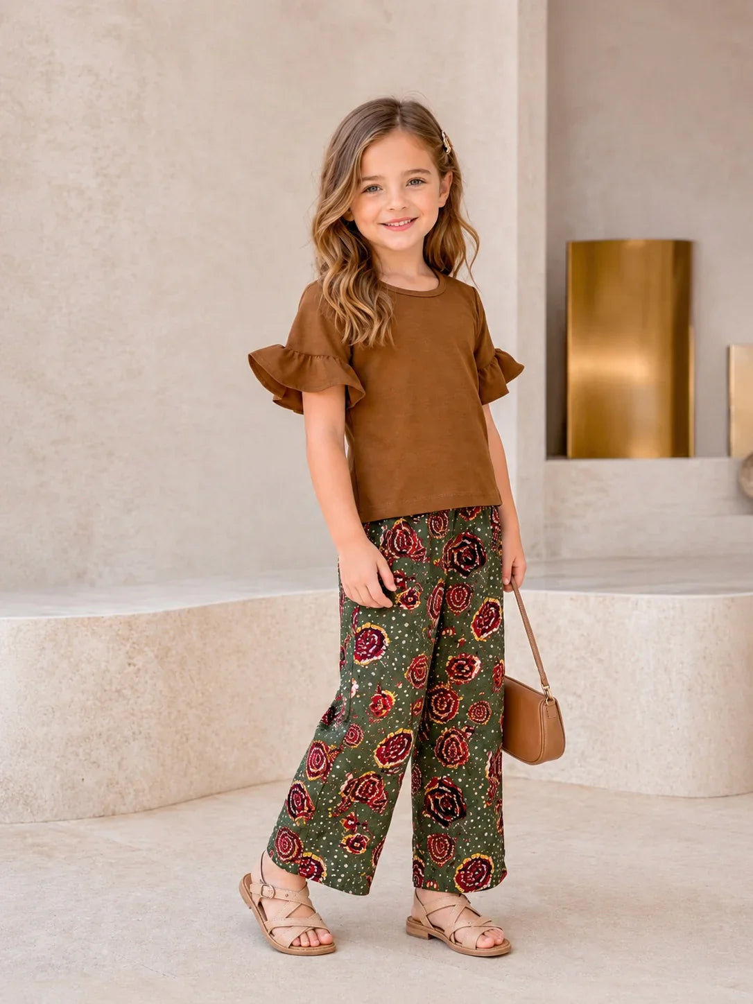 Plain Brown T-shirt With Green Flowers Printed Touser Kid Suit