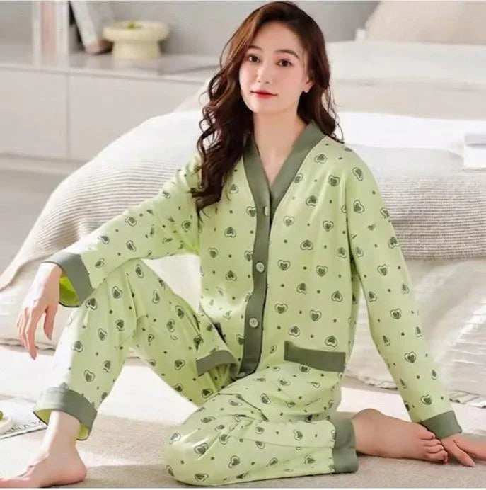 Green All Over Hearts Printed Button Style Night Suit For Her