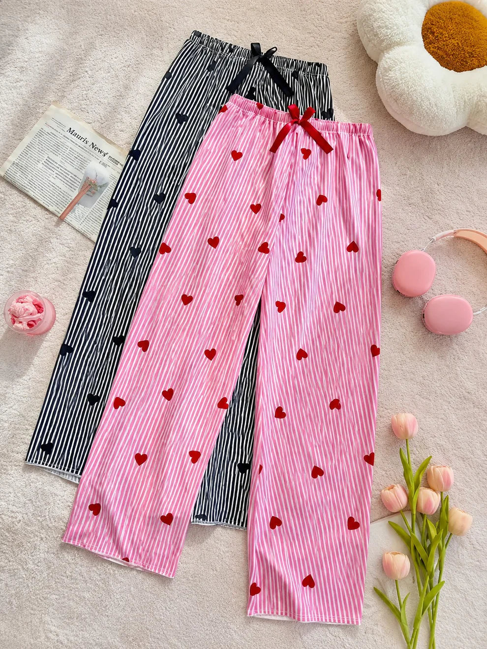 Pack of 2 Black And Pink Lining Hearts Printed Plazzo Set