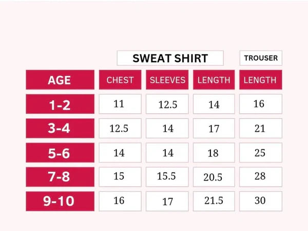 Size chart for sweatshirt and trousers with age, chest, sleeves, and length measurements.