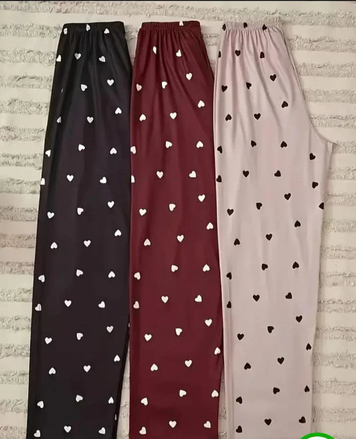 Pack Of 3 Multi Colored Hearts Printed Plazzo Pajamas For Ladies