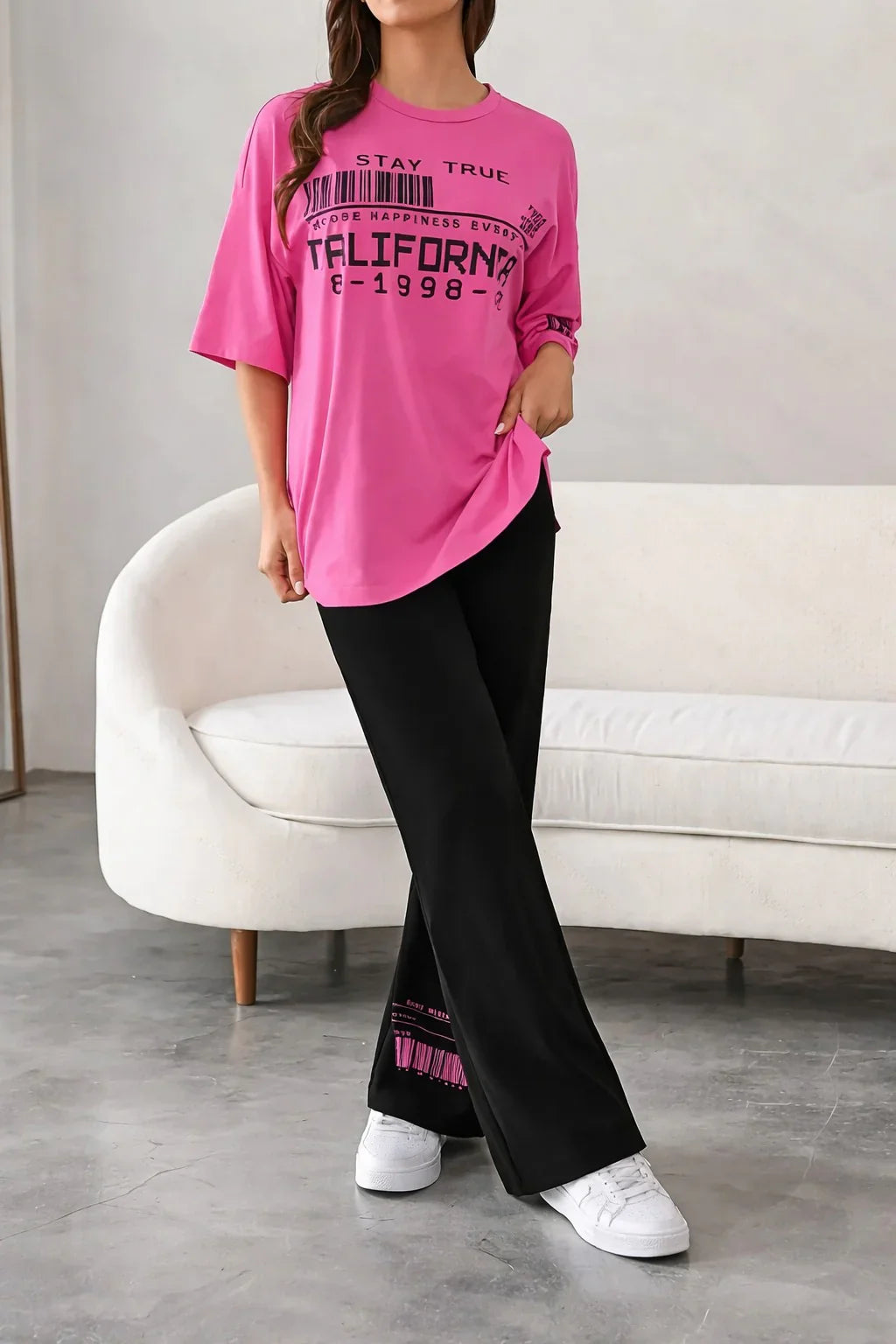 Shocking pink California Printed long Shirt with Pajama Half Sleeves Night Suit