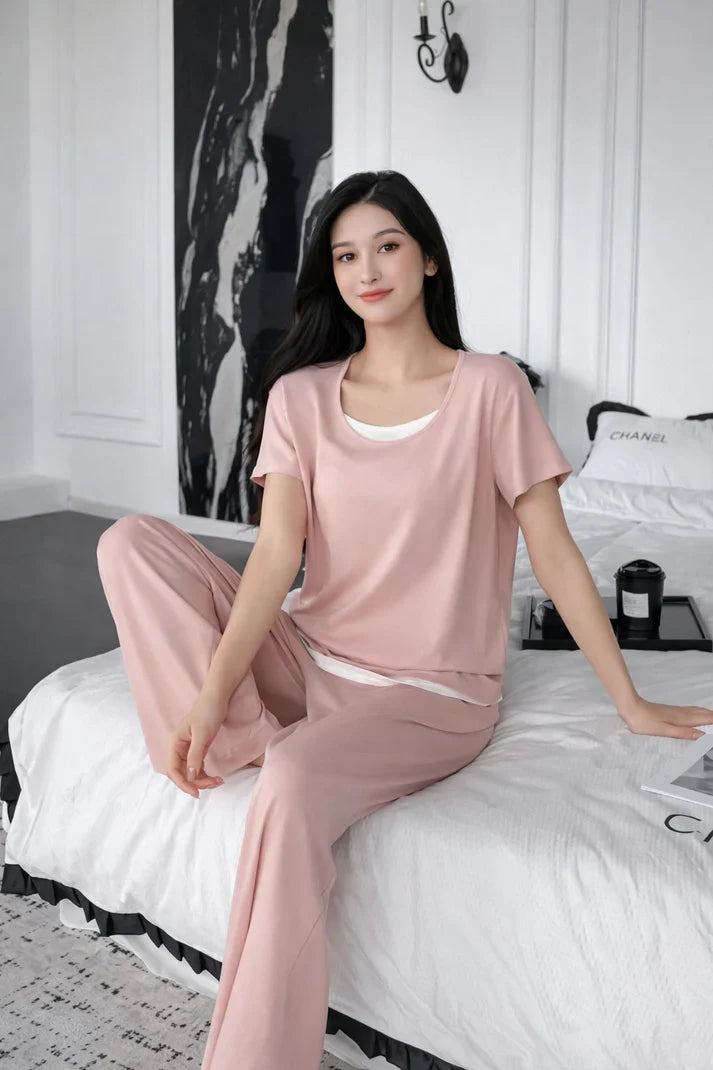 (New) Pink with white Round Neck Half sleeves with plazo night suit