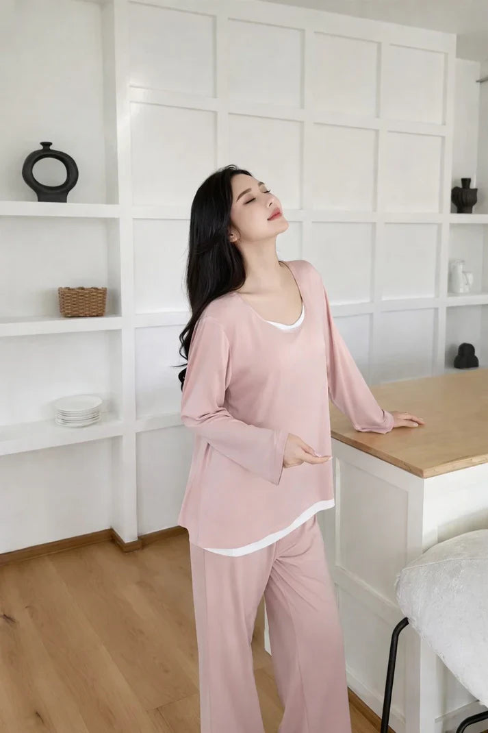 (New) Pink full Sleeves with white Round Neck with plazo night suit