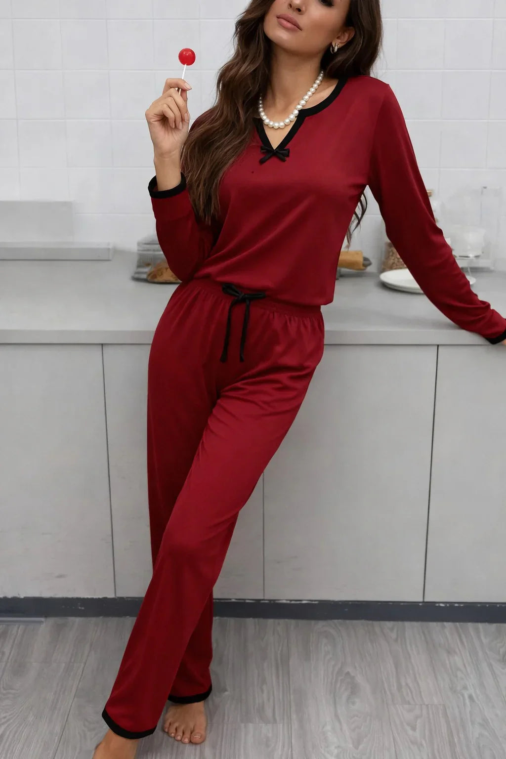 (New) Maroon Plain V Neck with Bow Full Sleeves night suit with plazo pajama