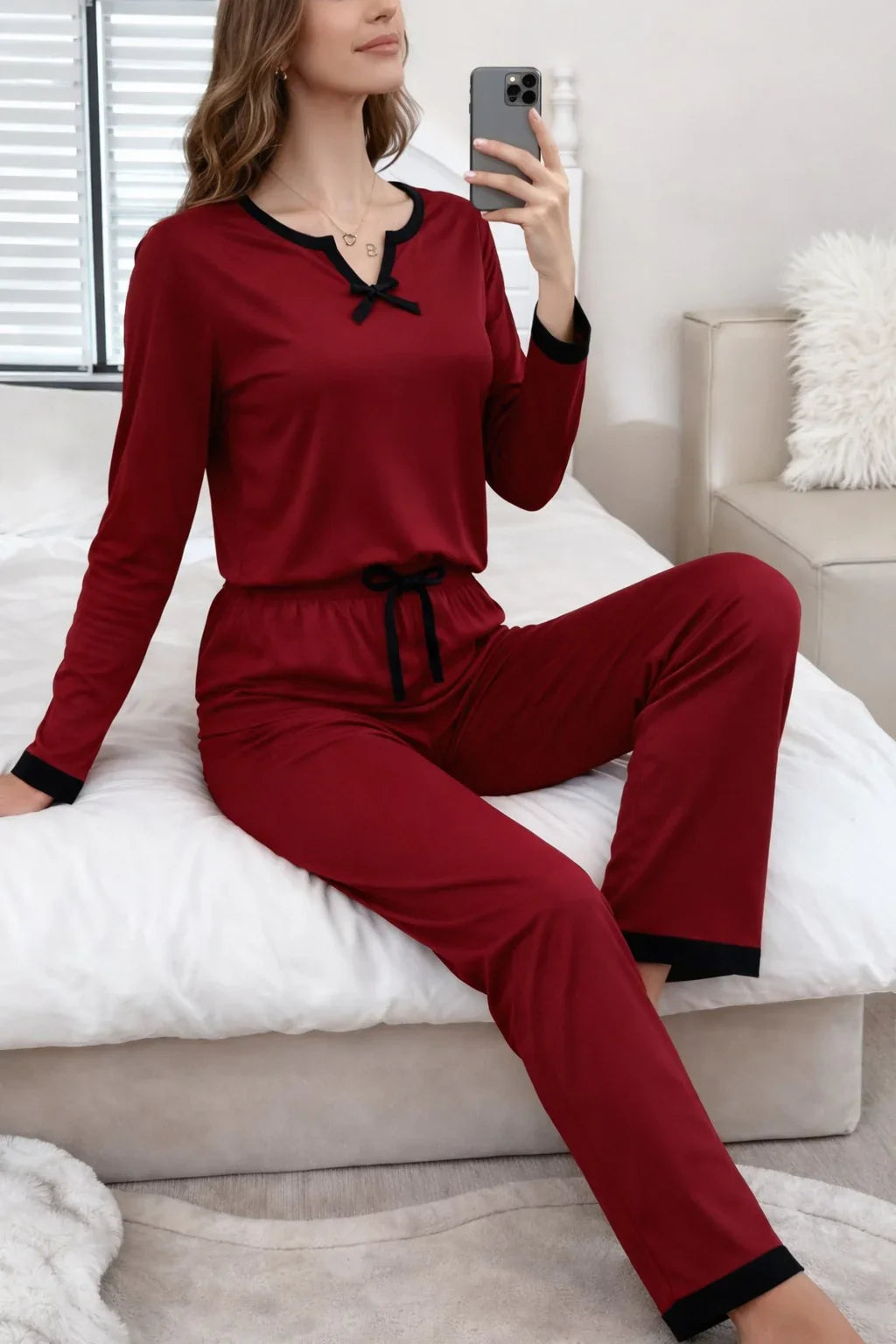 (New) Maroon Plain V Neck with Bow Full Sleeves night suit with plazo pajama