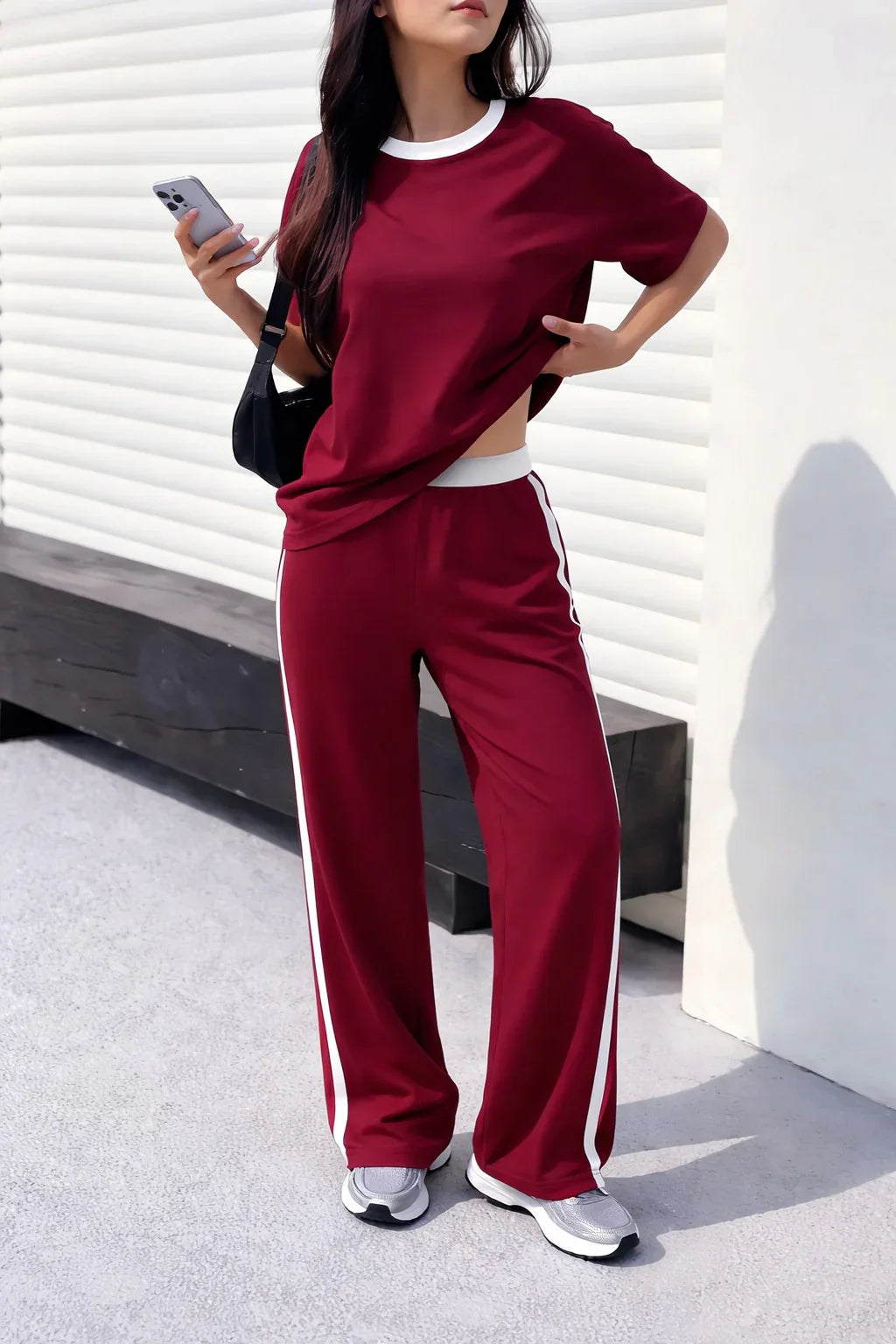 (New) Maroon with white round Neck night suit with White panel plazo pajama