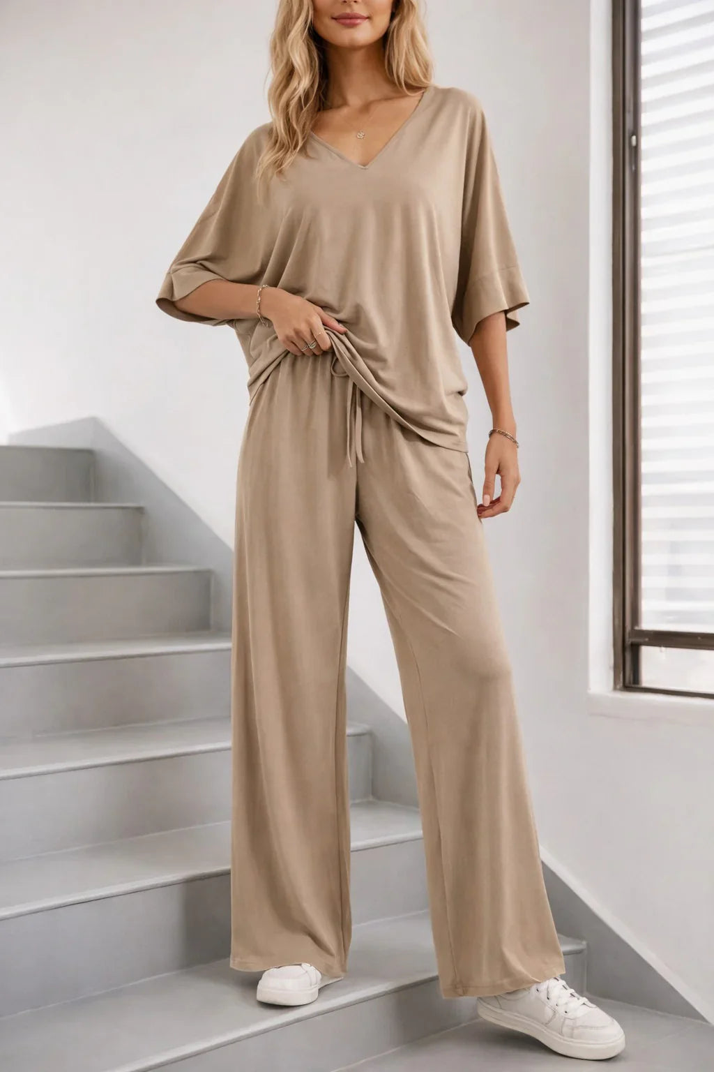 (New)Beige V Neck plain Half Sleeves night suit with plazo pajama