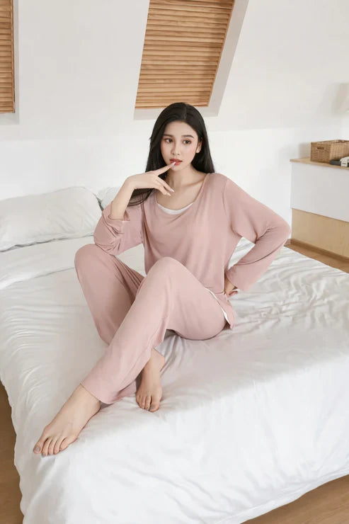 (New) Pink full Sleeves with white Round Neck with plazo night suit