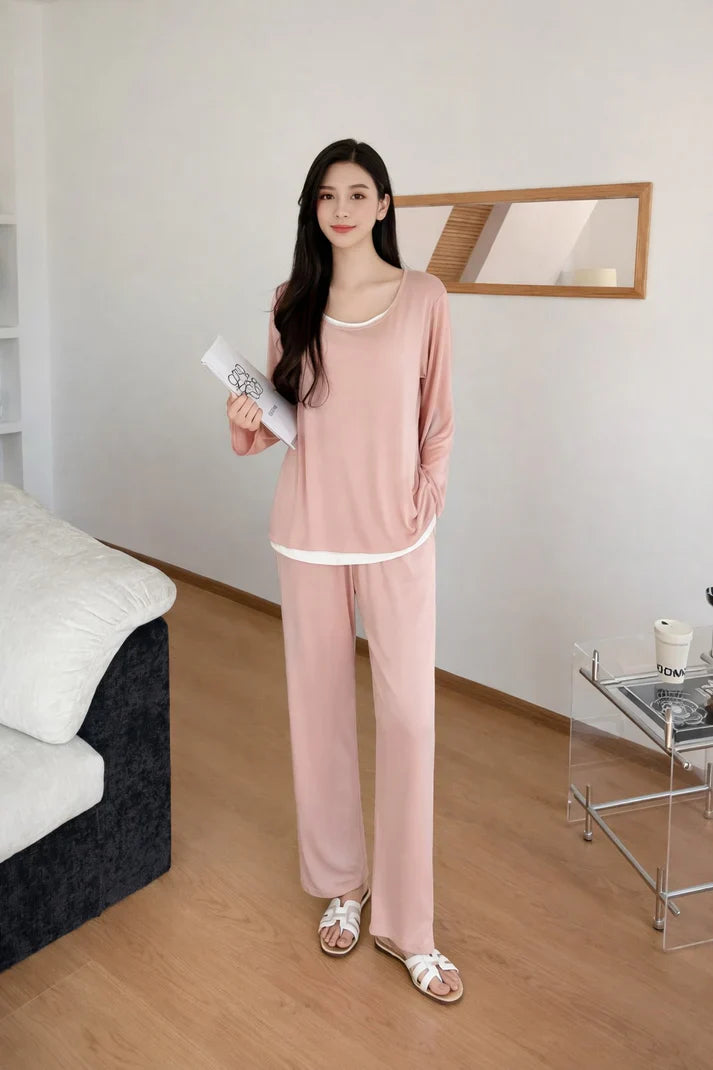 (New) Pink full Sleeves with white Round Neck with plazo night suit