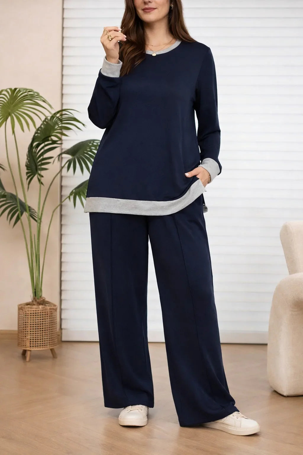 (New) Navy blue Grey round neck with grey Bottom plain Plazo