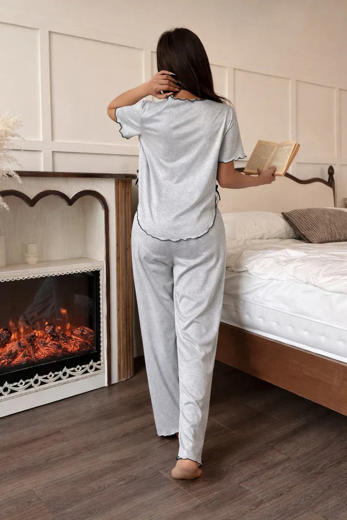 (New) hezel grey Collar with black bow half sleeves night suit