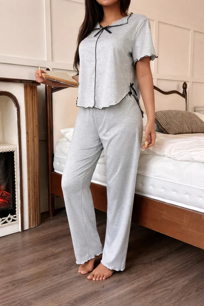 (New) hezel grey Collar with black bow half sleeves night suit