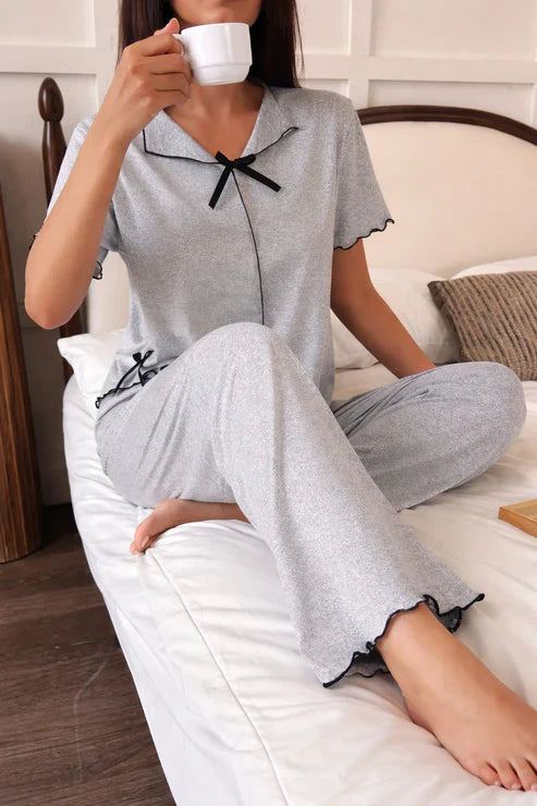 (New) hezel grey Collar with black bow half sleeves night suit