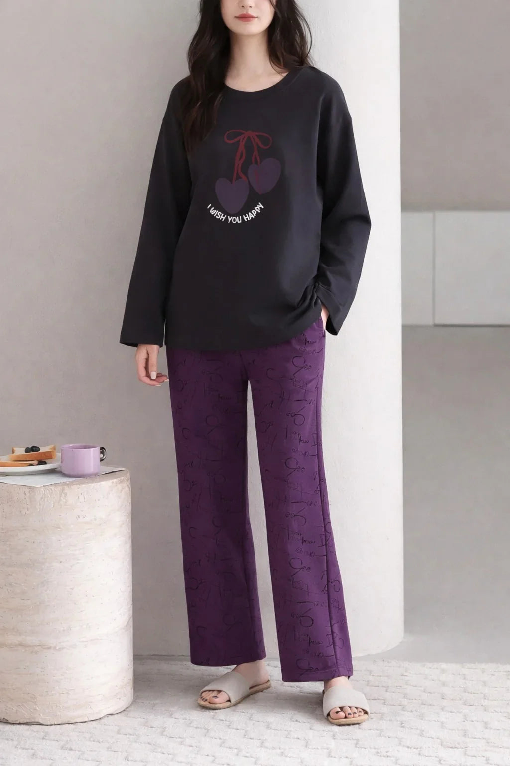 Black i wish you happy Printed with Purple printed Pajama Full sleeves night suit