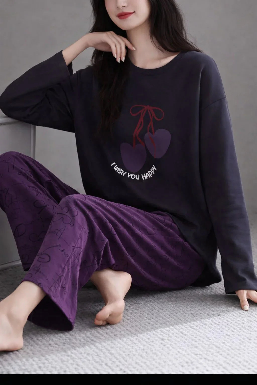 Black i wish you happy Printed with Purple printed Pajama Full sleeves night suit