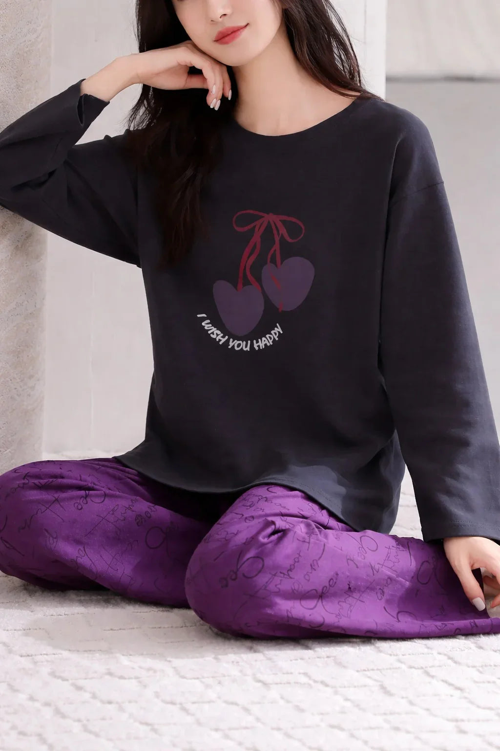 Black i wish you happy Printed with Purple printed Pajama Full sleeves night suit