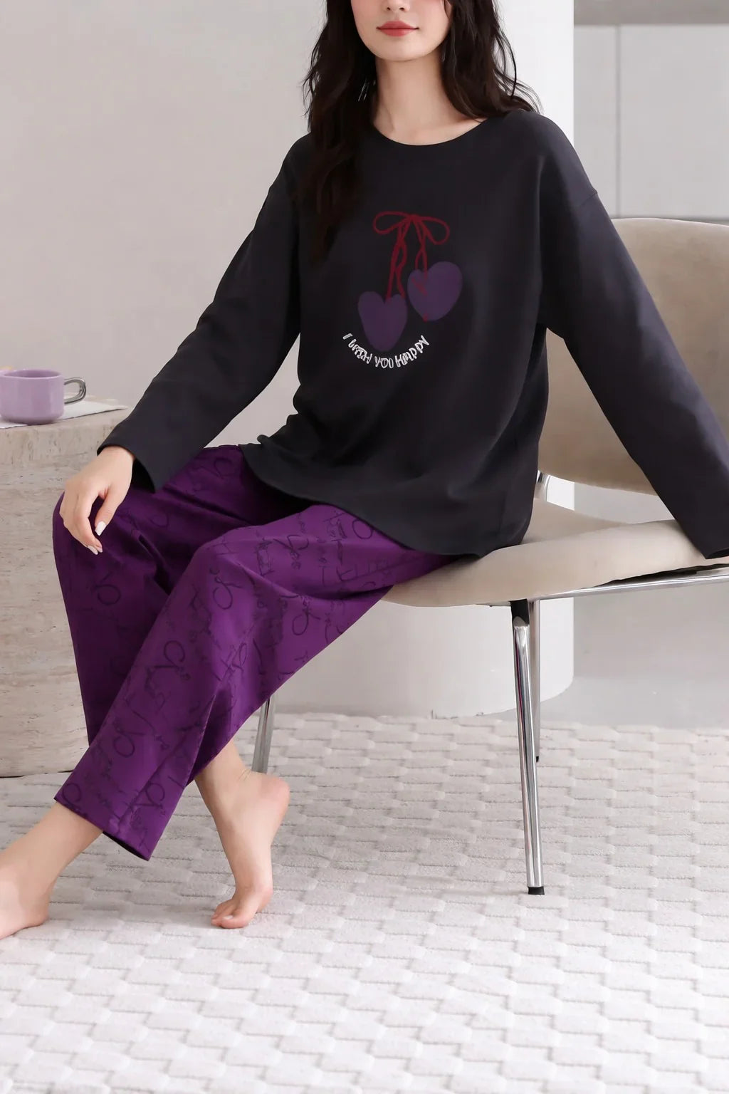 Black i wish you happy Printed with Purple printed Pajama Full sleeves night suit